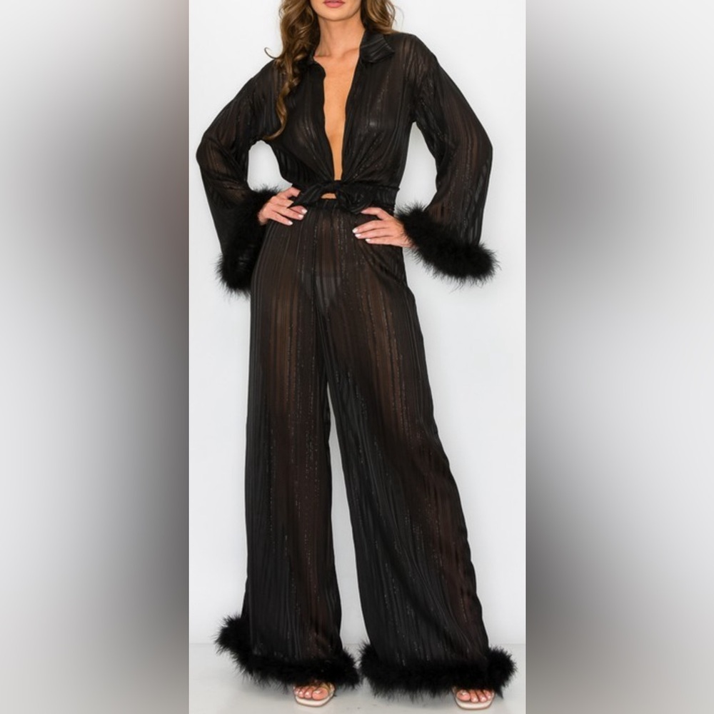 Luxe Black Silk Satin Two-Piece Pajama Set with Furry Trim